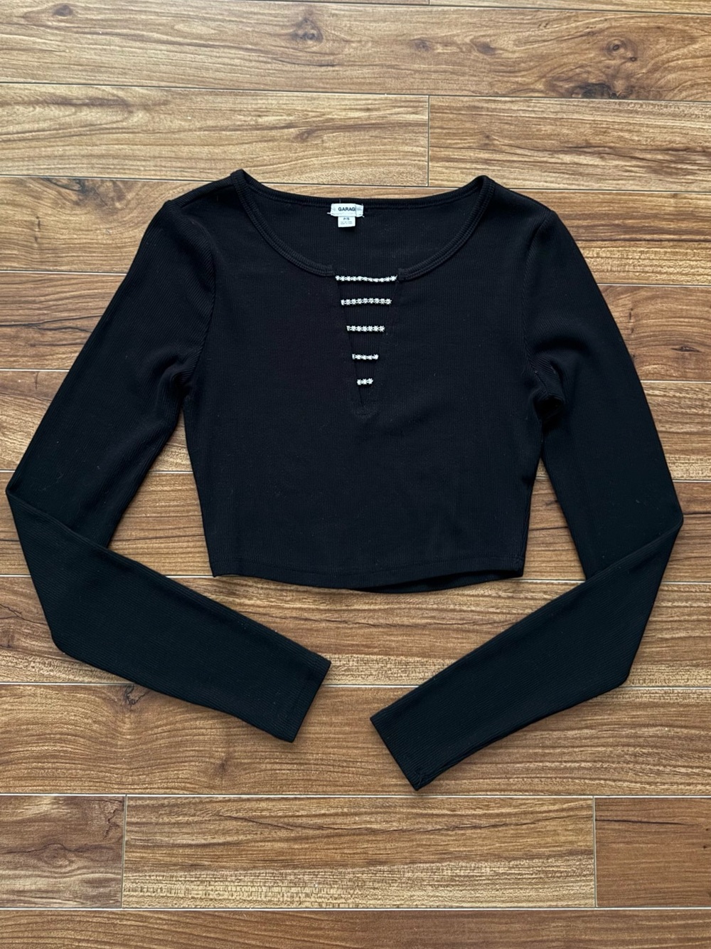 Garage Black Ribbed Long Sleeve Crop Top with Rhinestone Detail Size S